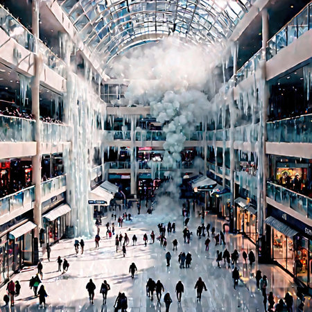 Shopping mall freezing and frosted over, indicating retail slump, cold frozen and covered with iceの素材