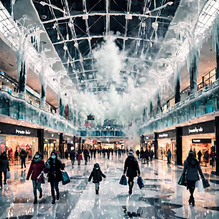 Shopping mall freezing and frosted over, indicating retail slump, cold frozen and covered with iceの素材