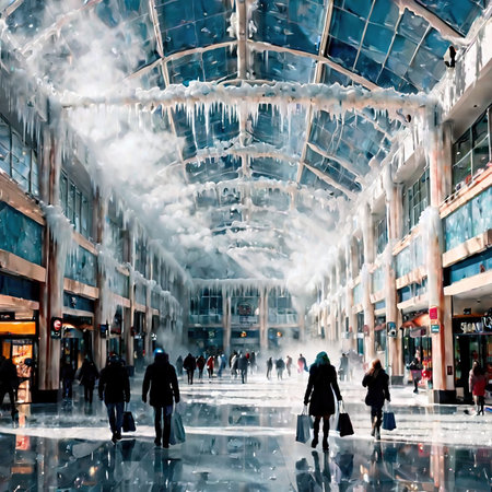 Shopping mall freezing and frosted over, indicating retail slump, cold frozen and covered with iceの素材