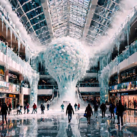 Shopping mall freezing and frosted over, indicating retail slump, cold frozen and covered with iceの素材