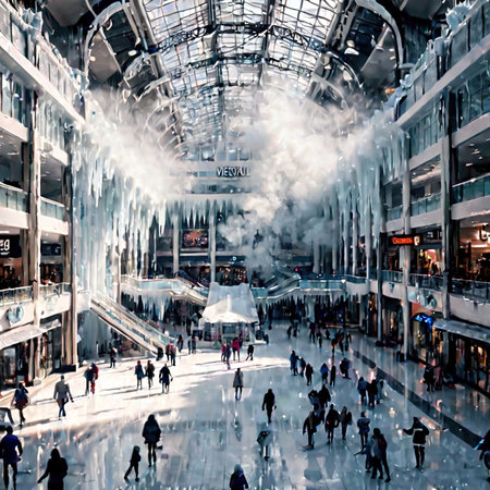 Shopping mall freezing and frosted over, indicating retail slump, cold frozen and covered with iceの素材