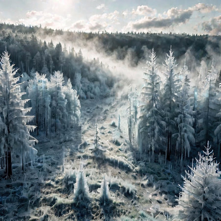 Frost covered trees in foret, extreme cold snap winter, cold frozen and covered with iceの素材