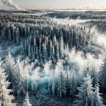 Frost covered trees in foret, extreme cold snap winter, cold frozen and covered with iceの素材