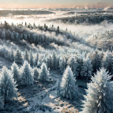 Frost covered trees in foret, extreme cold snap winter, cold frozen and covered with iceの素材