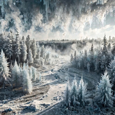 Frost covered trees in foret, extreme cold snap winter, cold frozen and covered with iceの素材