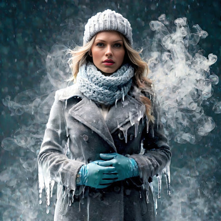 Woman bundled in overcoat, cold frozen and covered with iceの素材