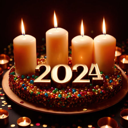 Celebratory cake with candles and wording 2024の素材