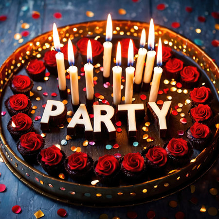 Celebratory cake with candles and wording Partyの素材