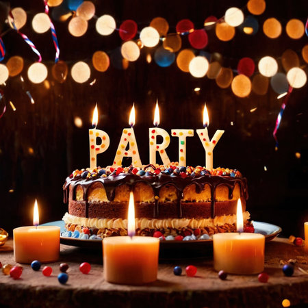 Celebratory cake with candles and wording Partyの素材
