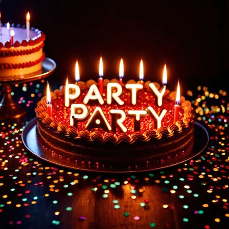 Celebratory cake with candles and wording Partyの素材