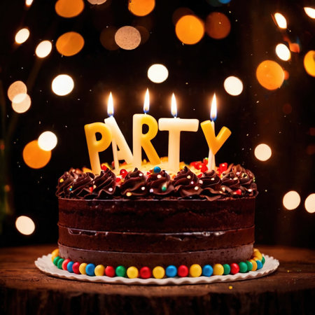 Celebratory cake with candles and wording Partyの素材