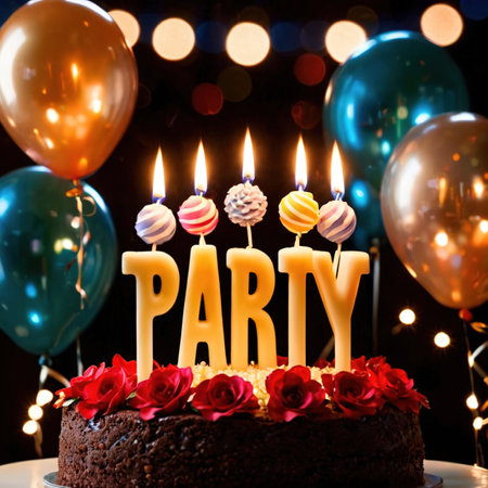 Celebratory cake with candles and wording Partyの素材