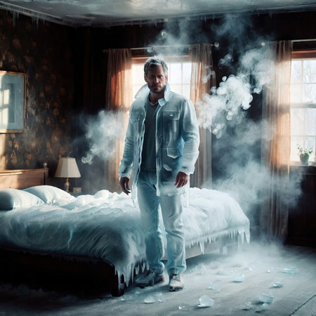 Man in bedroom with bed, freezing temperatures, frozen and cold, covered with ice, no romanceの素材