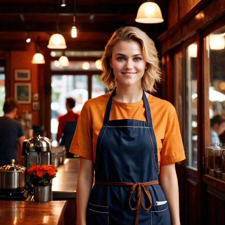 Smiling woman greeting customers at entrance to cafeの素材
