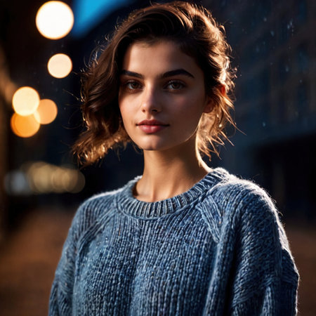 Smiling young woman wearing plain blank sweaterの素材