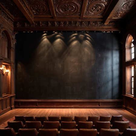 Blank, empty, blackboard for customizable written message, in retro vintage auditorium theaterの素材