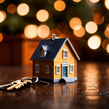 Keychain in the shape of a house, showing home property ownershipの素材