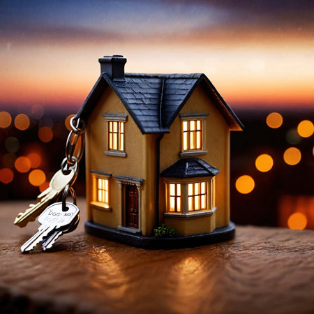 Keychain in the shape of a house, showing home property ownershipの素材