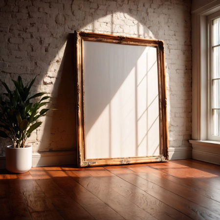 Blank, empty, picture frame written message, hung on room wallの素材