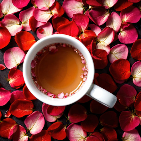 A cup of romance, with a mug filled with rose flower petalsの素材