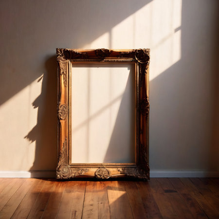 Blank, empty, picture frame written message, hung on living room wallの素材