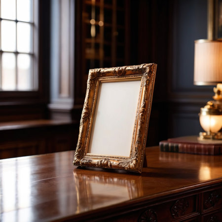Blank, empty, picture frame written message, standing on office desk tableの素材