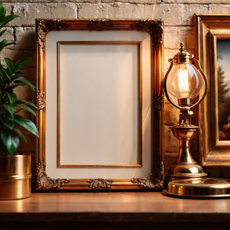 Blank, empty, picture frame written message, standing on office desk tableの素材