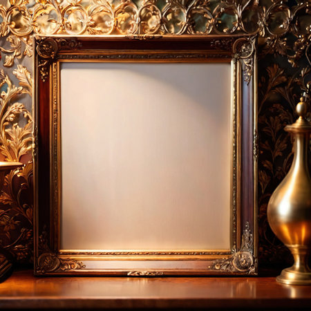 Blank, empty, picture frame written message, standing on office desk tableの素材