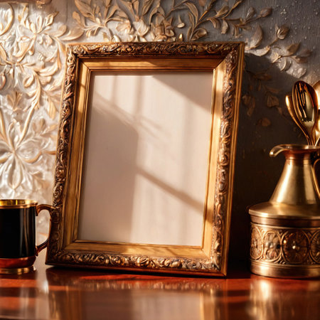 Blank, empty, picture frame written message, standing on office desk tableの素材