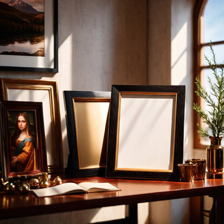 Blank, empty, picture frame written message, standing on office desk tableの素材