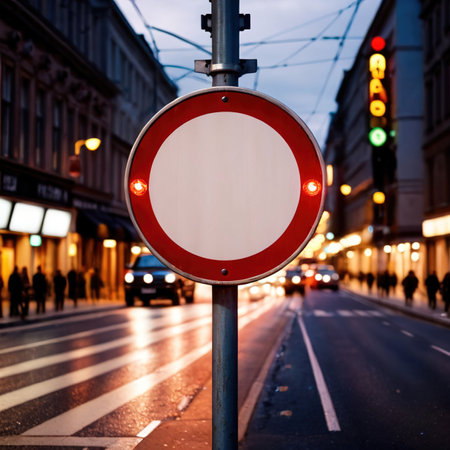 Blank, empty, street traffic sign on roadの素材