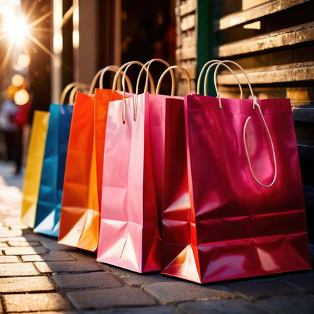Colorful shopping bags, for consumer buying and purchasing in storesの素材