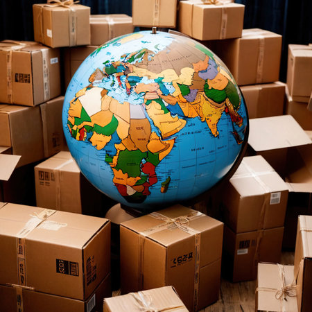 Global international logistics and delivery, shown by globe surrounded by cardboard boxesの素材