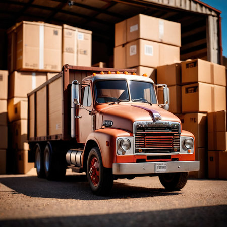 Land road logistics and cargo delivery, shown with truck surrounded by cardboard packing boxesの素材