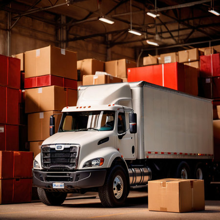 Land road logistics and cargo delivery, shown with truck surrounded by cardboard packing boxesの素材