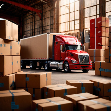 Land road logistics and cargo delivery, shown with truck surrounded by cardboard packing boxesの素材