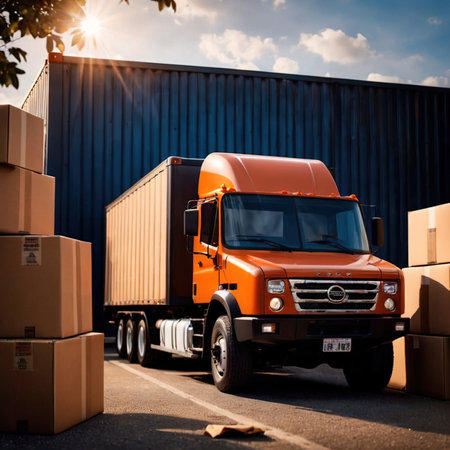Land road logistics and cargo delivery, shown with truck surrounded by cardboard packing boxesの素材