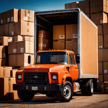 Land road logistics and cargo delivery, shown with truck surrounded by cardboard packing boxesの素材