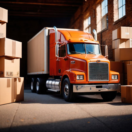 Land road logistics and cargo delivery, shown with truck surrounded by cardboard packing boxesの素材