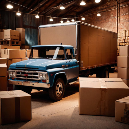 Land road logistics and cargo delivery, shown with truck surrounded by cardboard packing boxesの素材