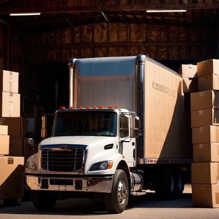 Land road logistics and cargo delivery, shown with truck surrounded by cardboard packing boxesの素材