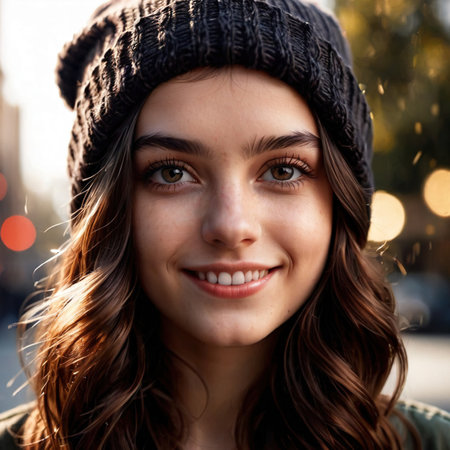Smiling friendly woman wearing Beanie , article of clothing fashionの素材