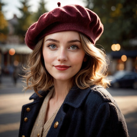 Smiling friendly woman wearing Beret , article of clothing fashionの素材