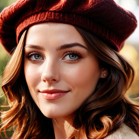 Smiling friendly woman wearing Beret , article of clothing fashionの素材