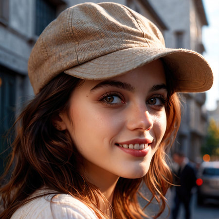 Smiling friendly woman wearing Cap , article of clothing fashionの素材