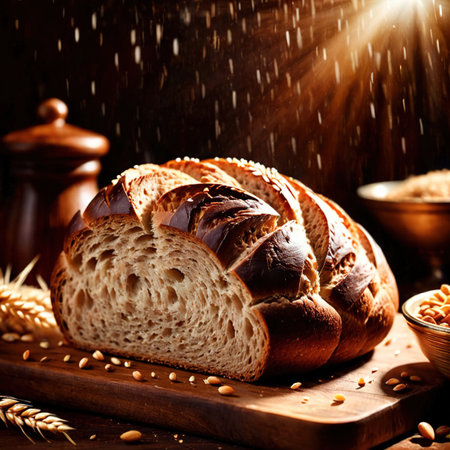 whole grain bread freshly baked bread, food staple for mealsの素材