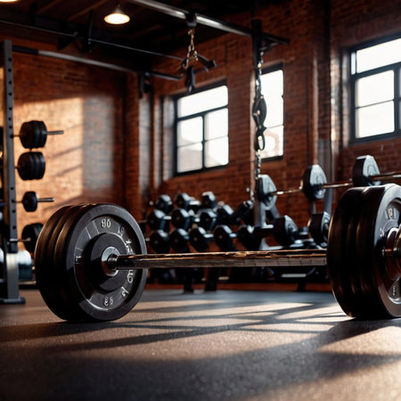 Gym , gymnasium exercise room with workout fitness equipmentの素材
