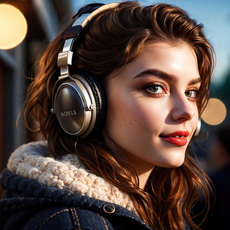 Smiling friendly young woman wearing retro vintage music headphonesの素材