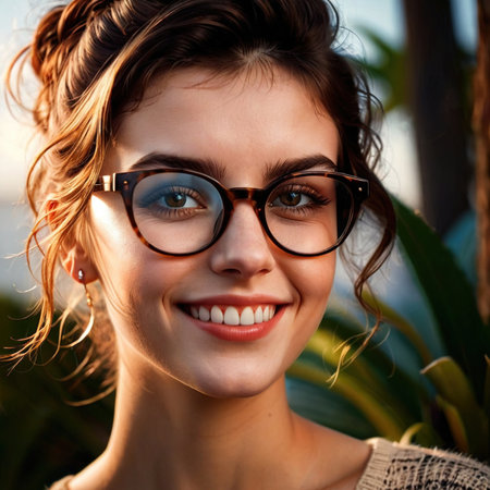 Smiling friendly woman wearing Glasses , article of clothing fashionの素材