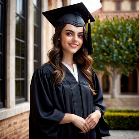 Smiling friendly woman wearing Graduation gown , article of clothing fashionの素材